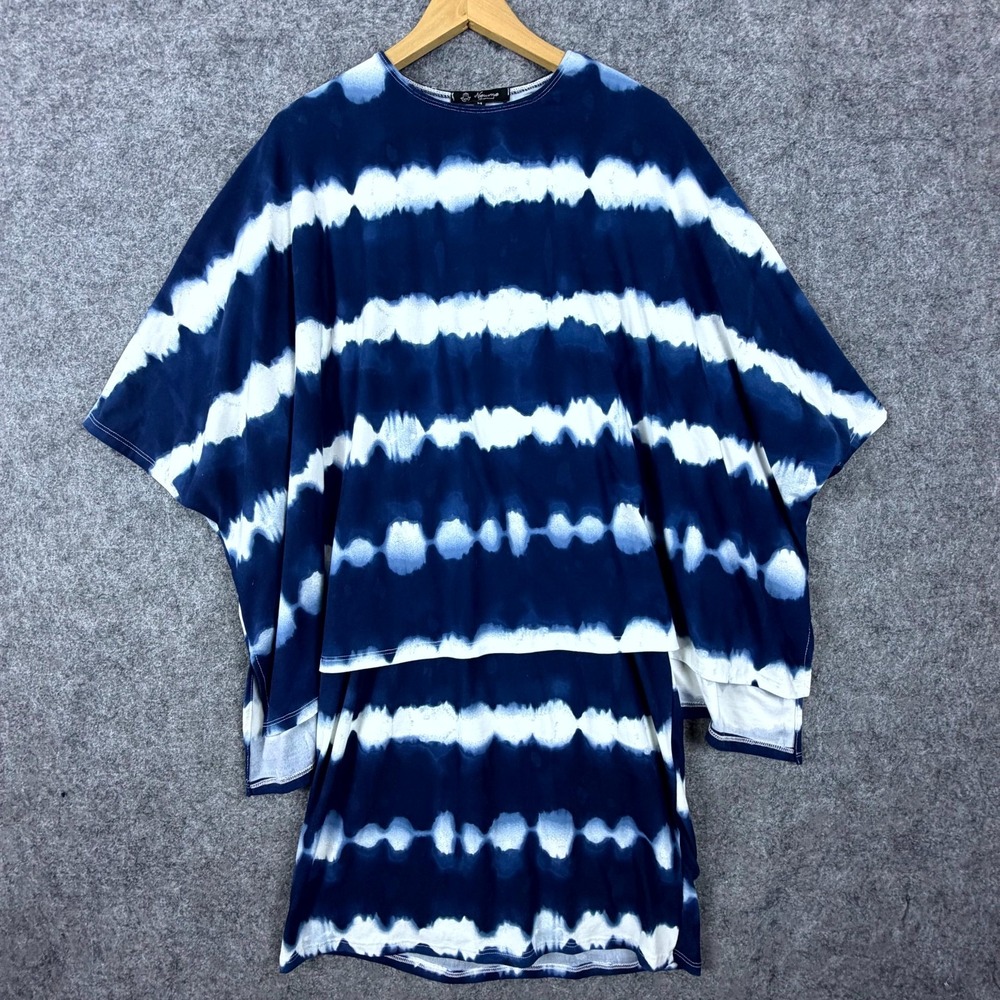 Newme Apparel Poncho Tunic Dress Women Medium Blue White Tie Dye Flowy Oversized
